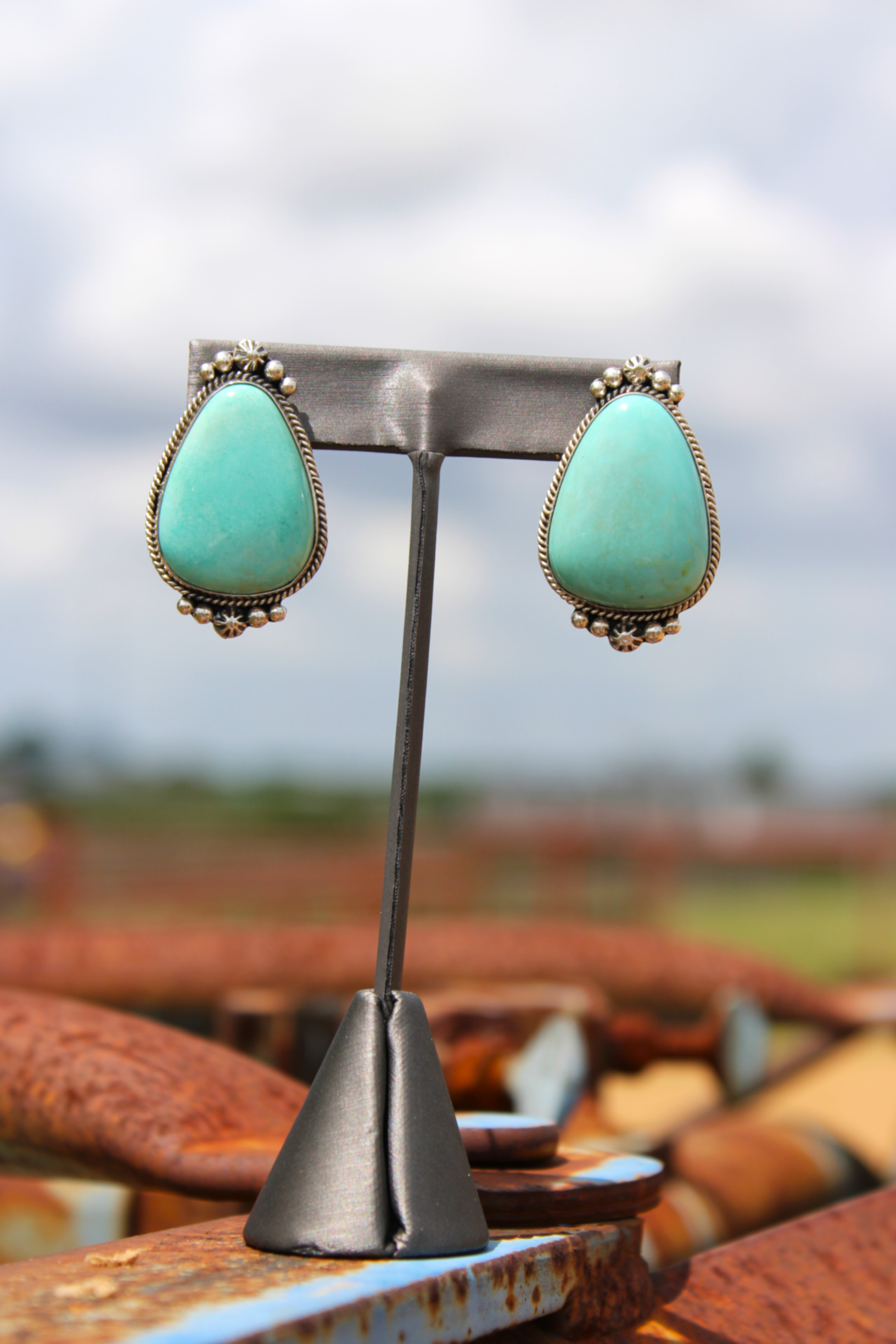 Gorgeous big  Compitos Turquoise Stone post earrings